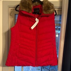 Talbots Red Quilted Vest with Faux Fur Trim